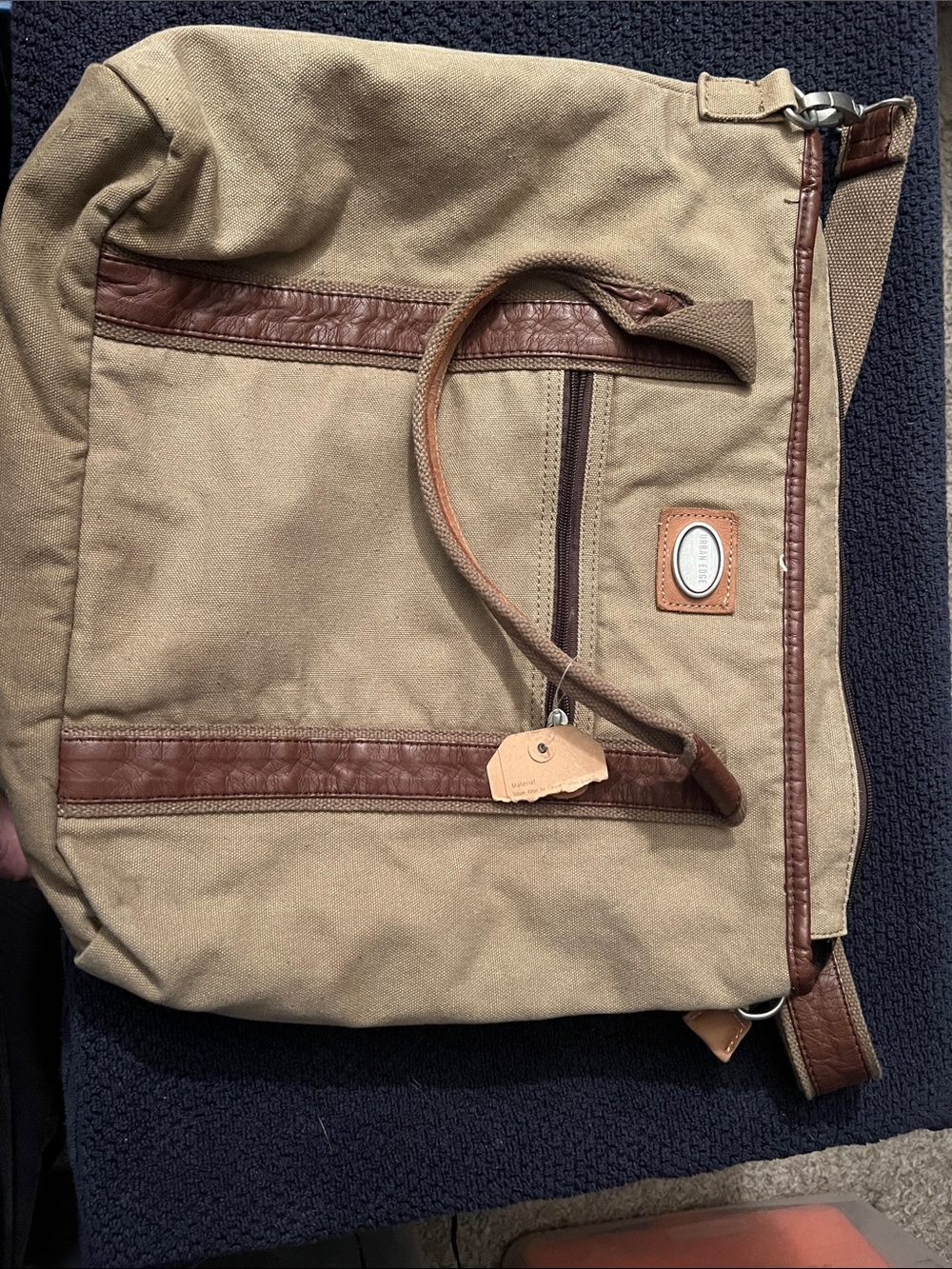 Urban Outfitters Khaki Canvas Messenger Bag with Brown Trim